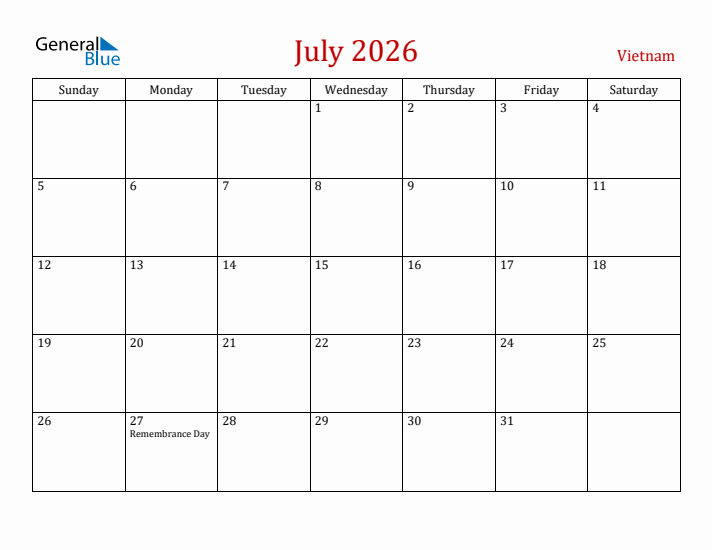 Vietnam July 2026 Calendar - Sunday Start