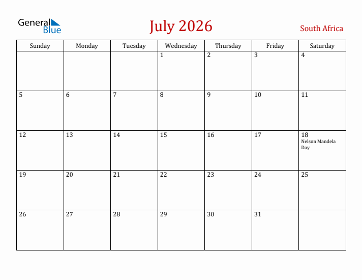 South Africa July 2026 Calendar - Sunday Start