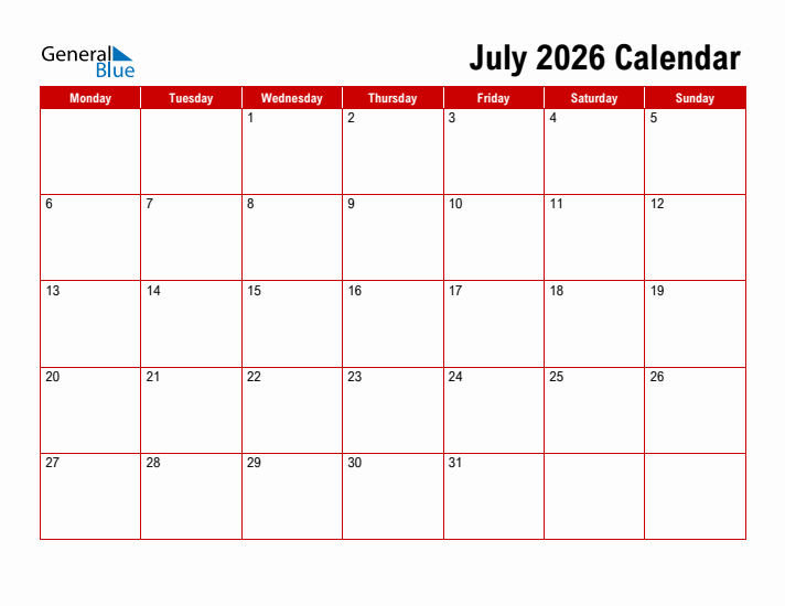 Simple Monthly Calendar - July 2026
