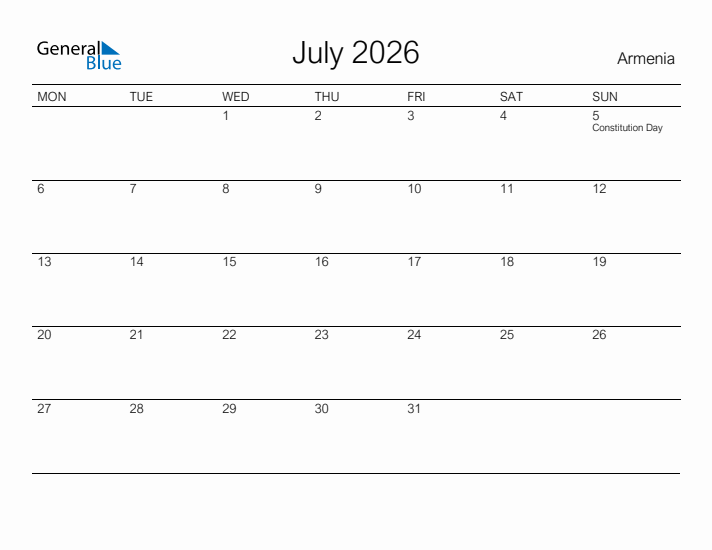 Printable July 2026 Calendar for Armenia