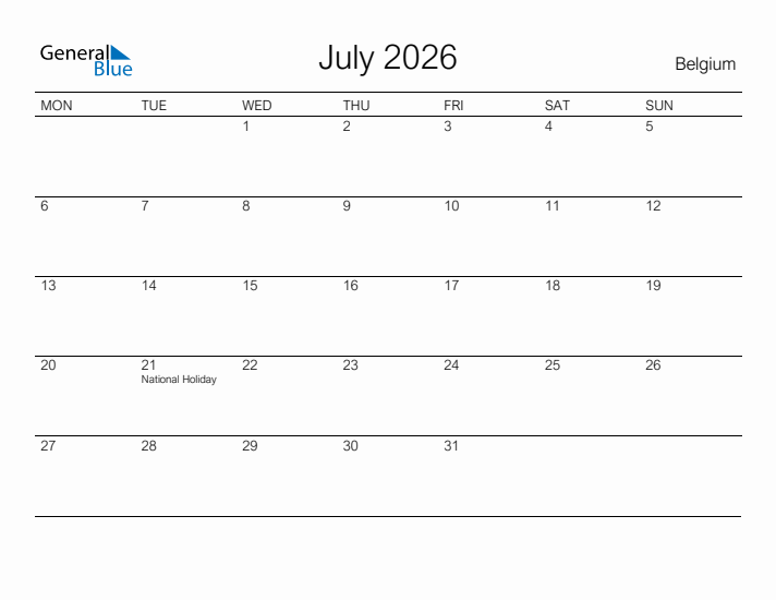 Printable July 2026 Calendar for Belgium