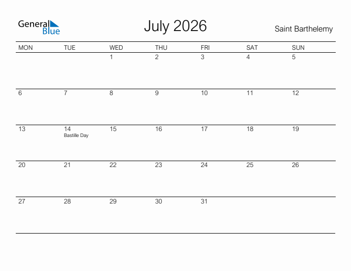 Printable July 2026 Calendar for Saint Barthelemy