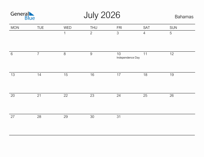 Printable July 2026 Calendar for Bahamas