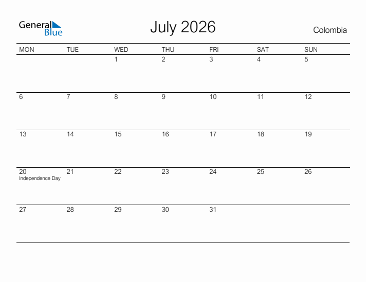 Printable July 2026 Calendar for Colombia