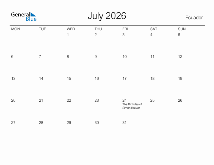 Printable July 2026 Calendar for Ecuador