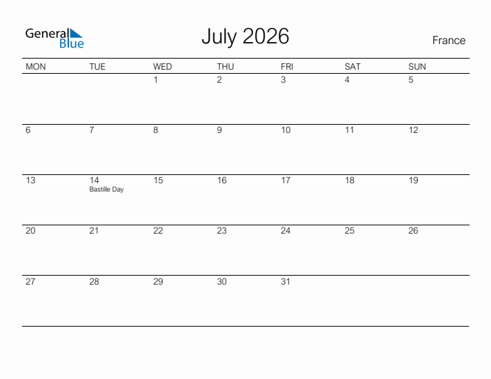 Printable July 2026 Calendar for France
