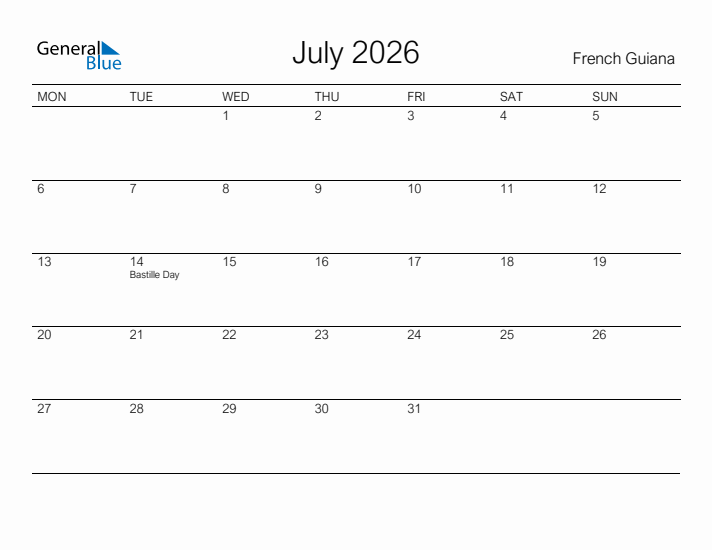 Printable July 2026 Calendar for French Guiana