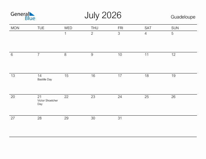 Printable July 2026 Calendar for Guadeloupe