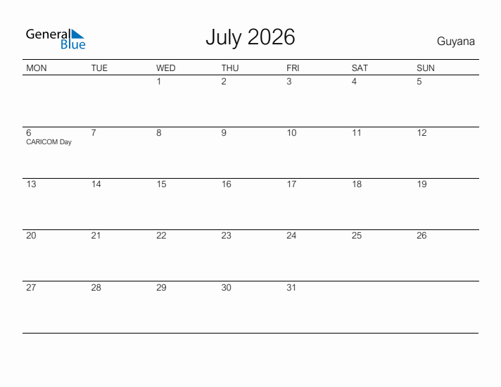 Printable July 2026 Calendar for Guyana
