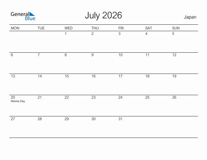 Printable July 2026 Calendar for Japan