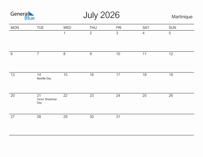 Printable July 2026 Calendar for Martinique