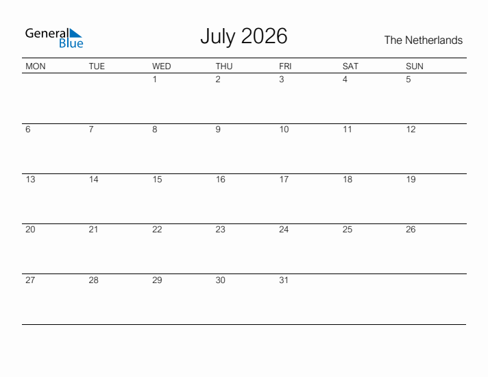 Printable July 2026 Calendar for The Netherlands
