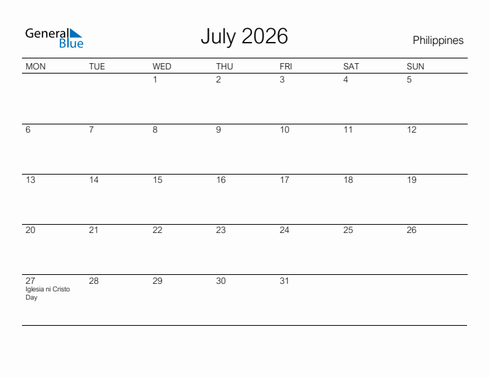 Printable July 2026 Calendar for Philippines