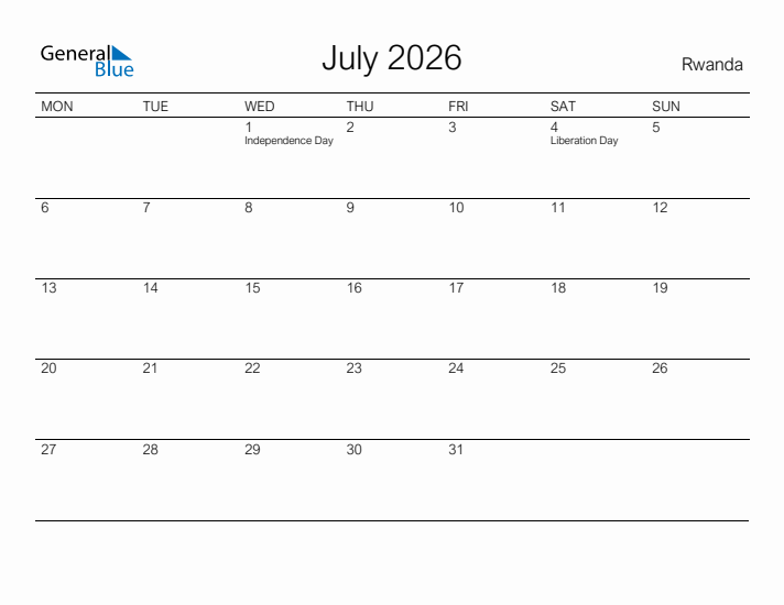Printable July 2026 Calendar for Rwanda