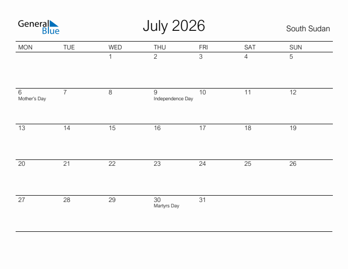 Printable July 2026 Calendar for South Sudan