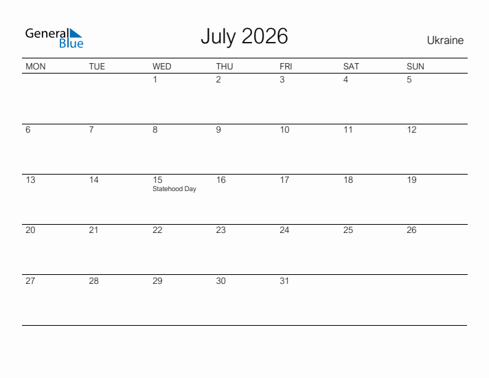 Printable July 2026 Calendar for Ukraine