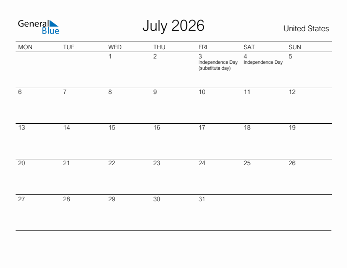 Printable July 2026 Calendar for United States