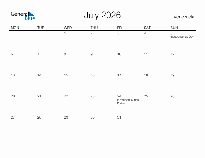 Printable July 2026 Calendar for Venezuela