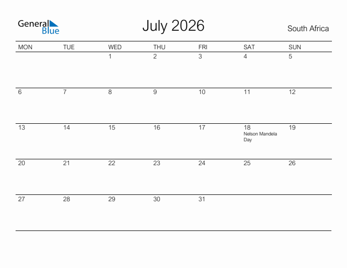 Printable July 2026 Calendar for South Africa