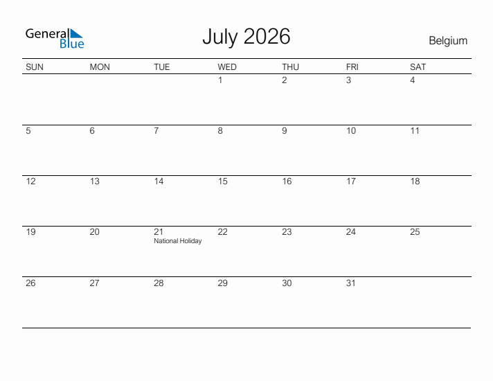 Printable July 2026 Calendar for Belgium