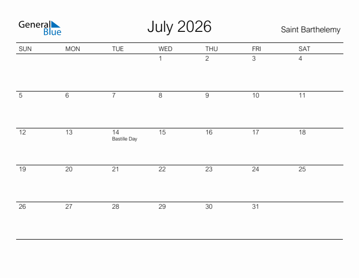 Printable July 2026 Calendar for Saint Barthelemy