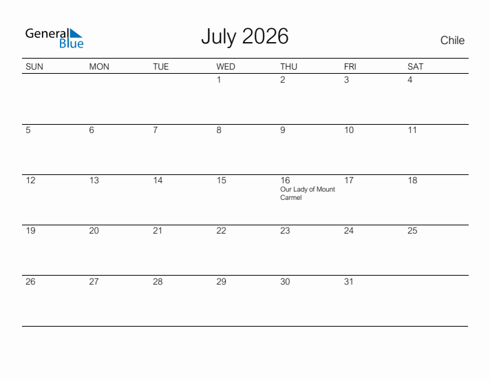 Printable July 2026 Calendar for Chile