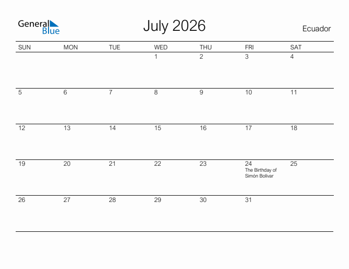 Printable July 2026 Calendar for Ecuador