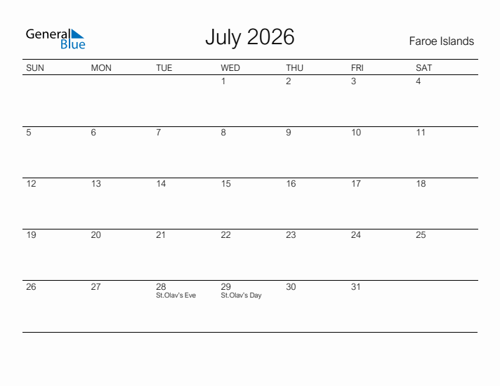 Printable July 2026 Calendar for Faroe Islands