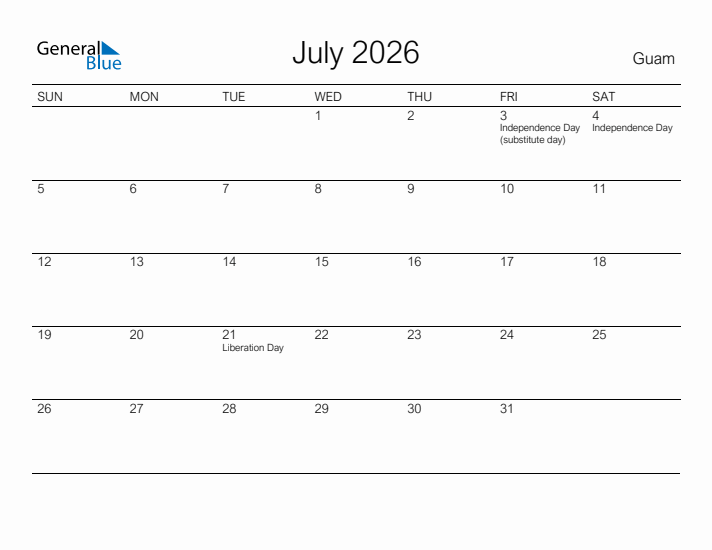 Printable July 2026 Calendar for Guam