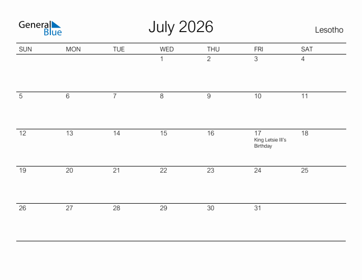 Printable July 2026 Calendar for Lesotho