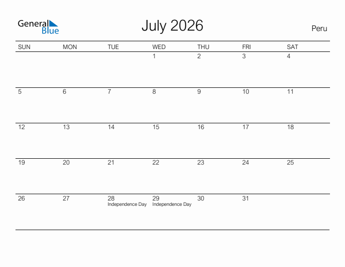 Printable July 2026 Calendar for Peru