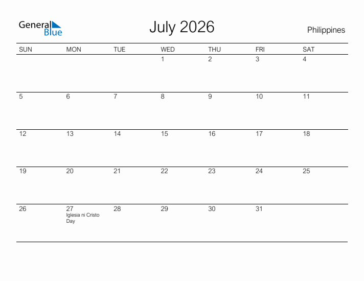 Printable July 2026 Calendar for Philippines