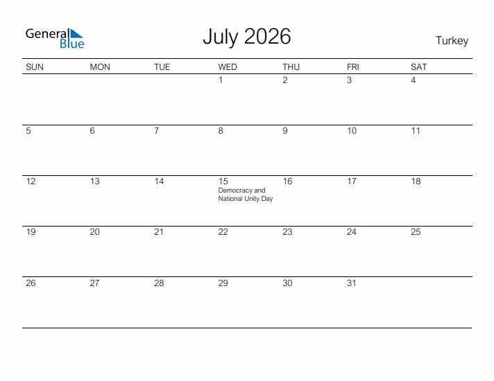 Printable July 2026 Calendar for Turkey