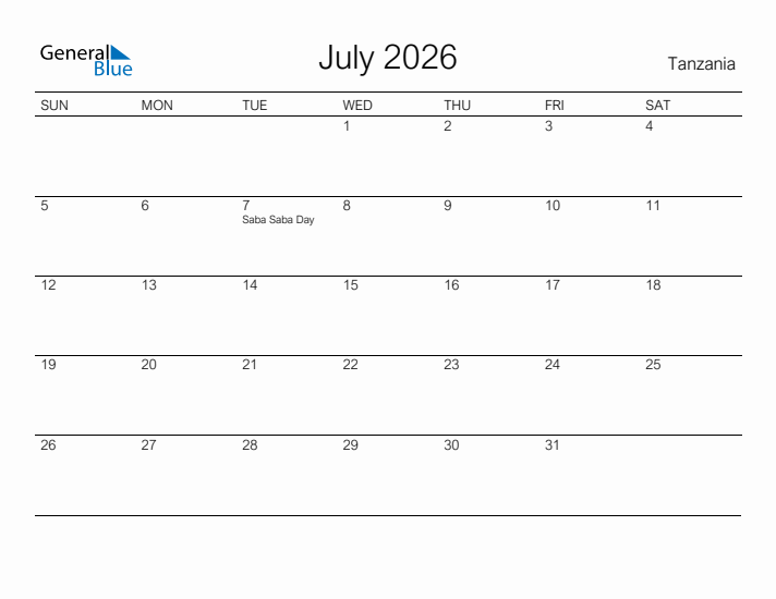 Printable July 2026 Calendar for Tanzania