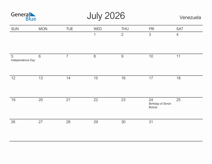 Printable July 2026 Calendar for Venezuela