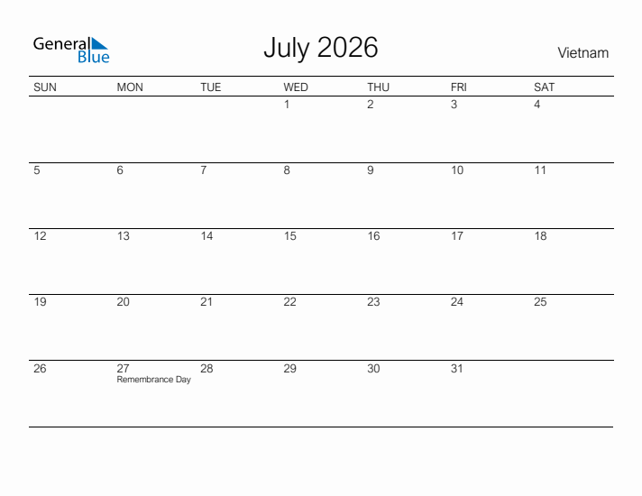 Printable July 2026 Calendar for Vietnam