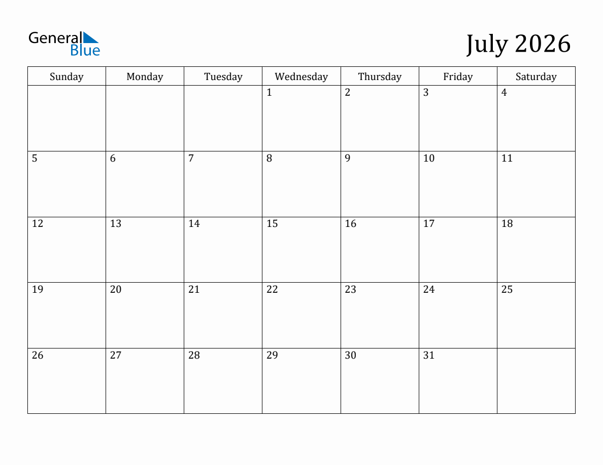 July 2026 Monthly Calendar