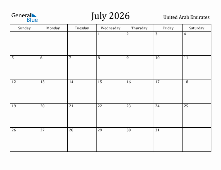 July 2026 Calendar United Arab Emirates