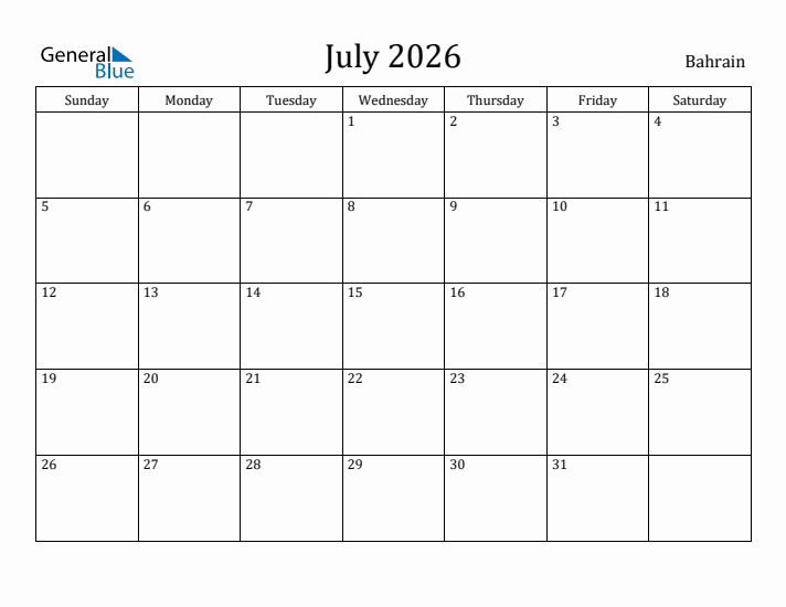 July 2026 Calendar Bahrain
