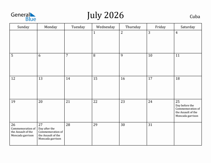 July 2026 Calendar Cuba