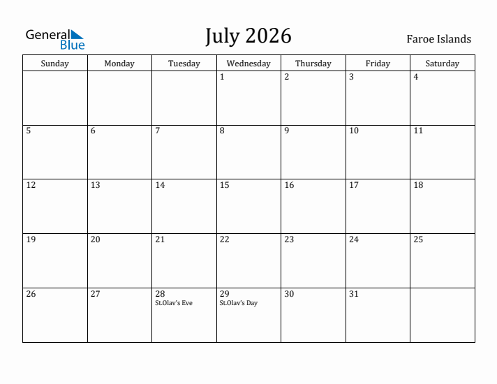 July 2026 Calendar Faroe Islands