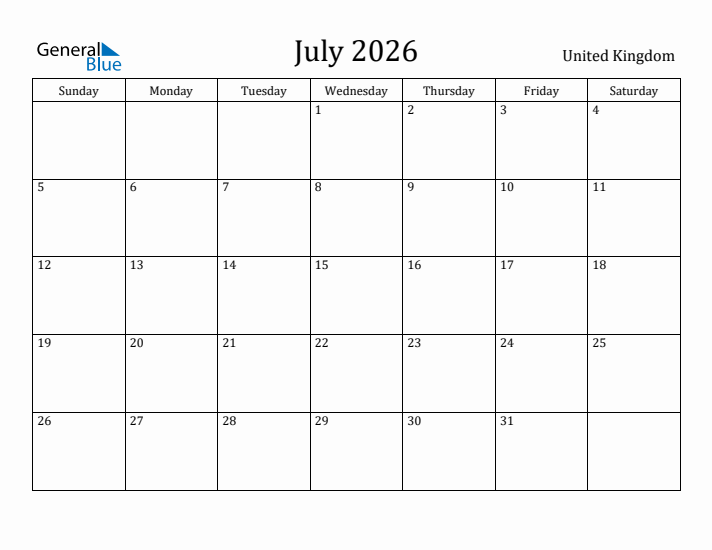 July 2026 Calendar United Kingdom