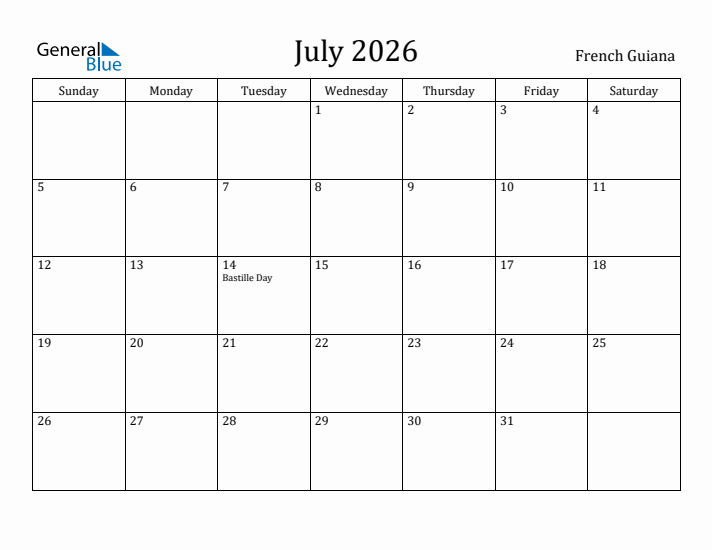 July 2026 Calendar French Guiana