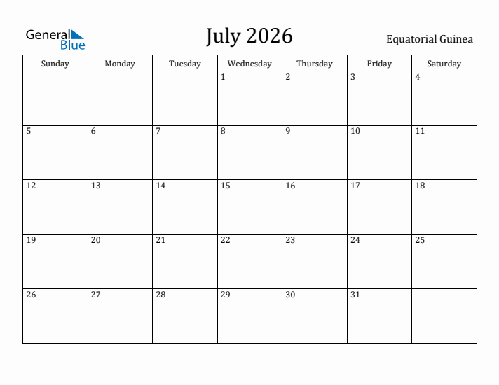 July 2026 Calendar Equatorial Guinea