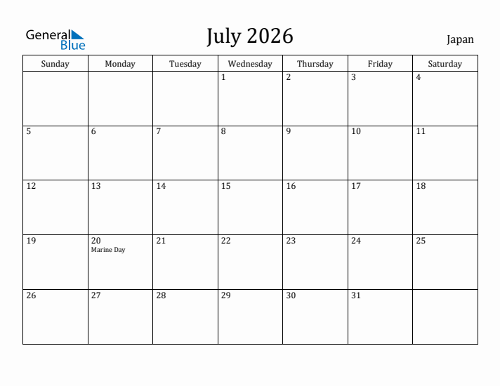 July 2026 Calendar Japan