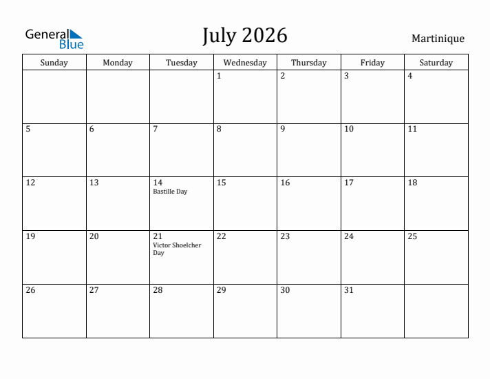 July 2026 Calendar Martinique