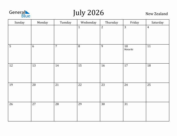 July 2026 Calendar New Zealand