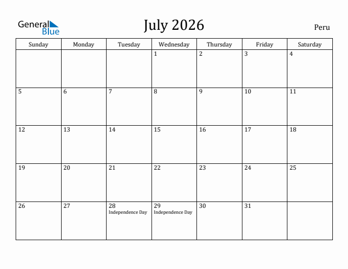 July 2026 Calendar Peru