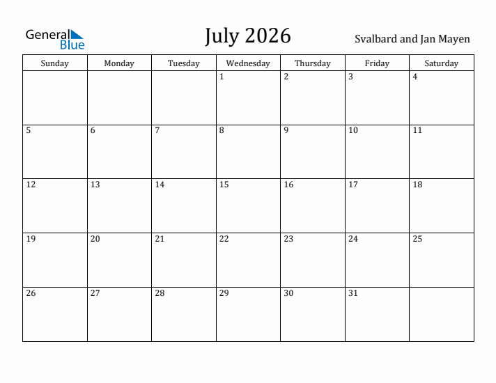 July 2026 Calendar Svalbard and Jan Mayen
