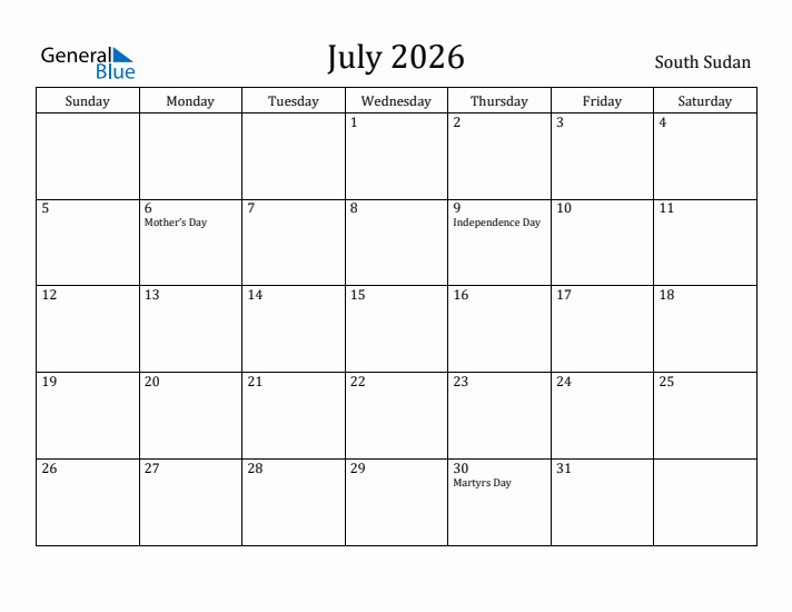 July 2026 Calendar South Sudan